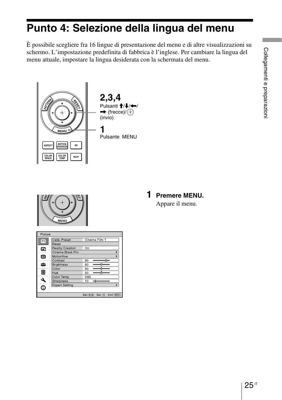 Punto 4: selezione della lingua del menu | Sony VPL-HW55ES User Manual | Page 391 / 459
