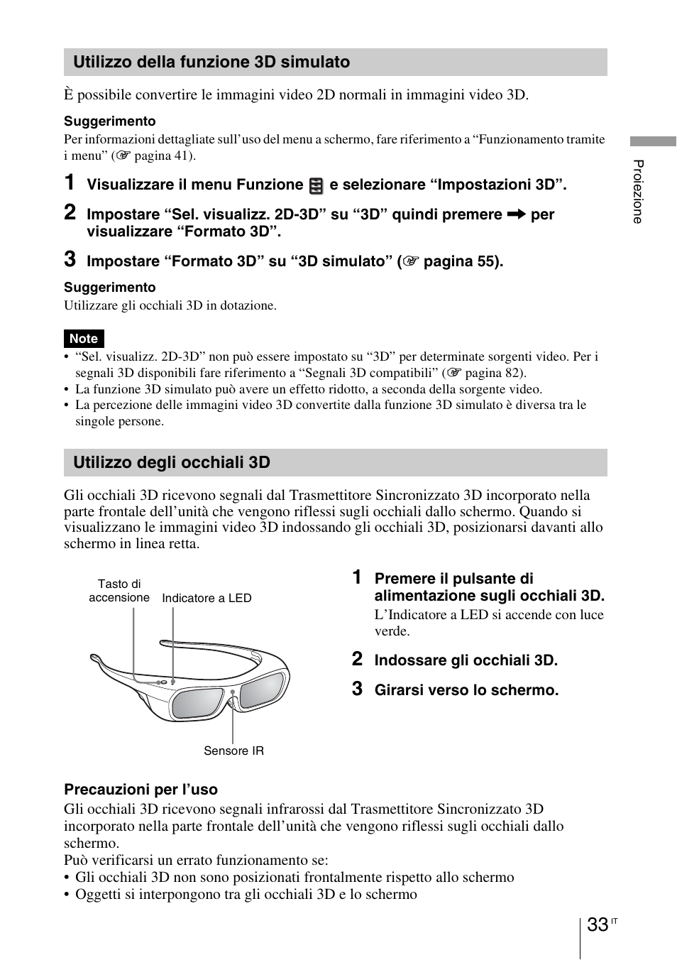 Utilizzo della funzione 3d simulato, Utilizzo degli occhiali 3d | Sony VPL-HW55ES User Manual | Page 399 / 459