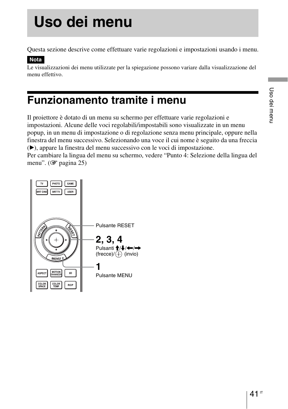Uso dei menu, Funzionamento tramite i menu, E menu | Sony VPL-HW55ES User Manual | Page 407 / 459