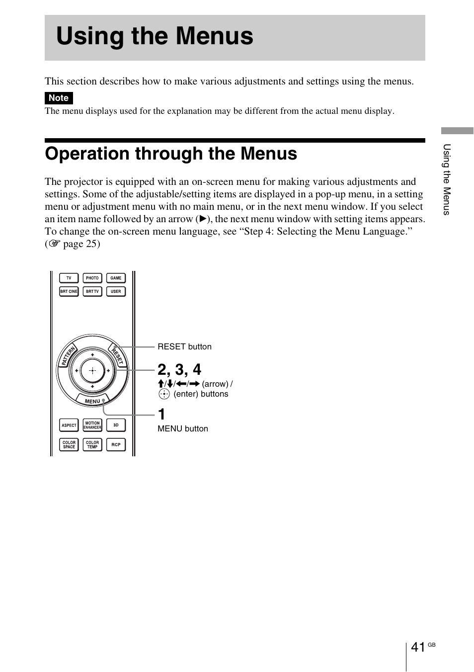 Using the menus, Operation through the menus | Sony VPL-HW55ES User Manual | Page 41 / 459