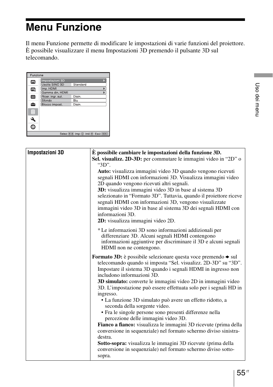 Menu funzione, Impostazioni 3d | Sony VPL-HW55ES User Manual | Page 421 / 459