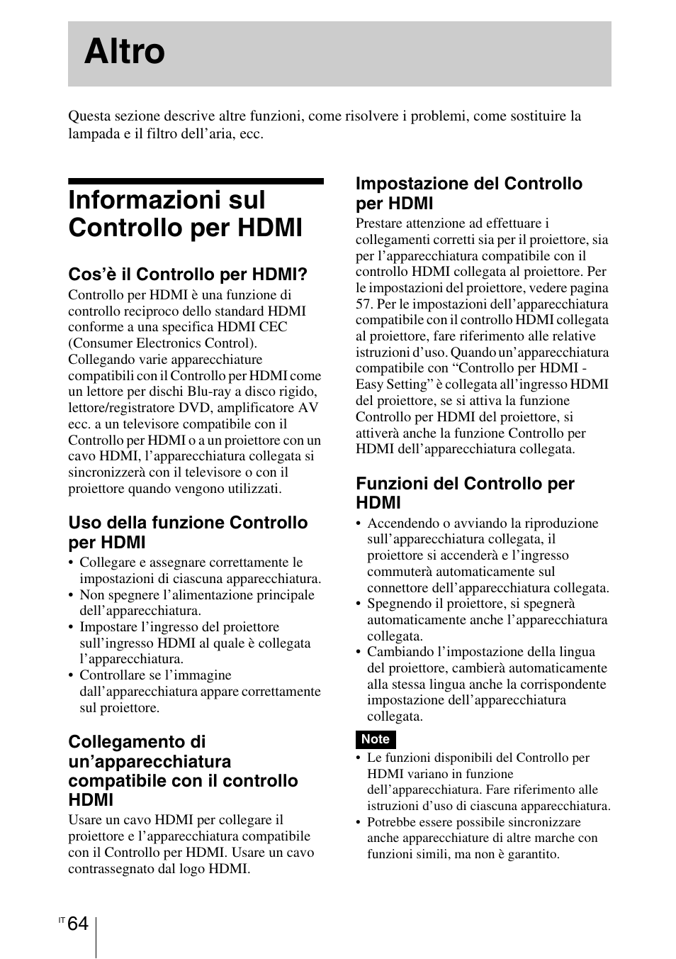 Altro, Informazioni sul controllo per hdmi, Informazioni sul | Controllo per hdmi | Sony VPL-HW55ES User Manual | Page 430 / 459