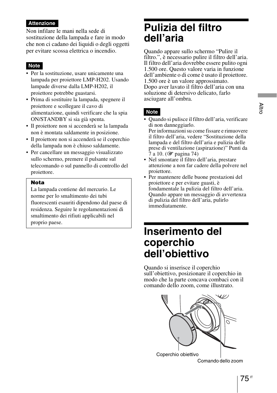 Pulizia del filtro dell’aria, Inserimento del coperchio dell’obiettivo | Sony VPL-HW55ES User Manual | Page 441 / 459