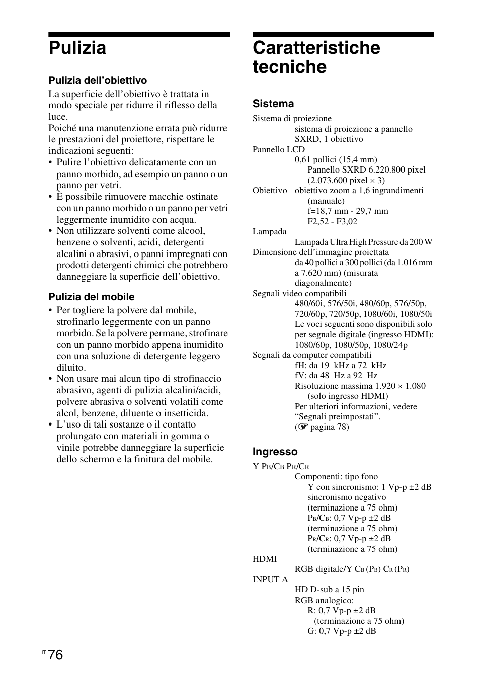 Pulizia, Caratteristiche tecniche, Sistema | Ingresso | Sony VPL-HW55ES User Manual | Page 442 / 459