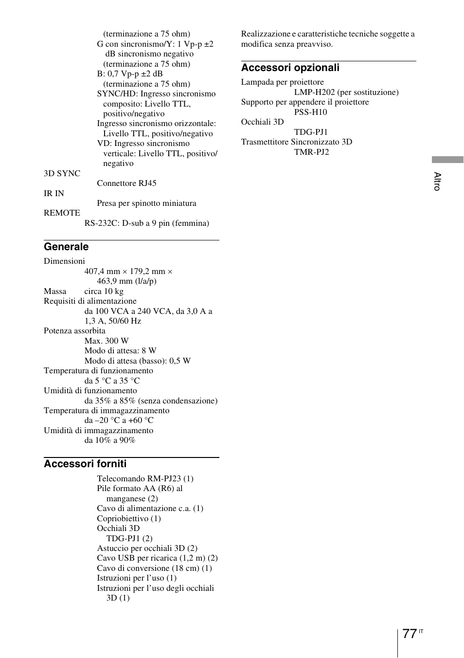 Generale, Accessori forniti, Accessori opzionali | Sony VPL-HW55ES User Manual | Page 443 / 459