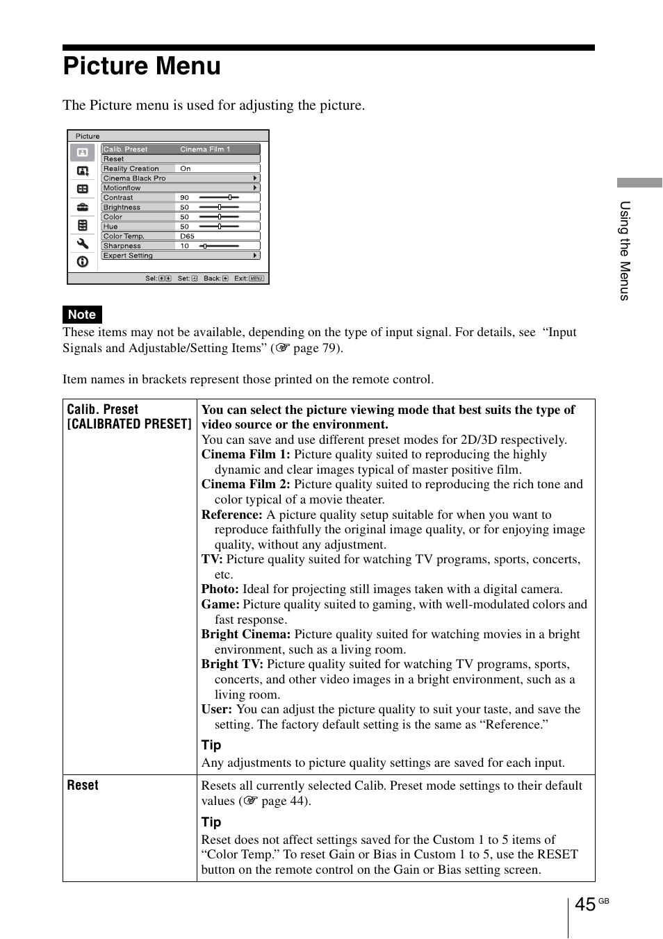 Picture menu | Sony VPL-HW55ES User Manual | Page 45 / 459