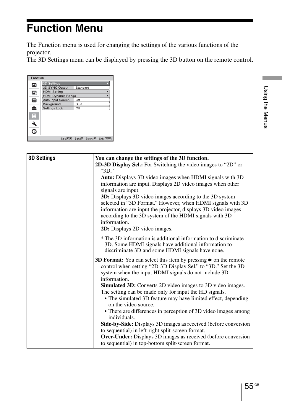 Function menu, See “3d settings | Sony VPL-HW55ES User Manual | Page 55 / 459