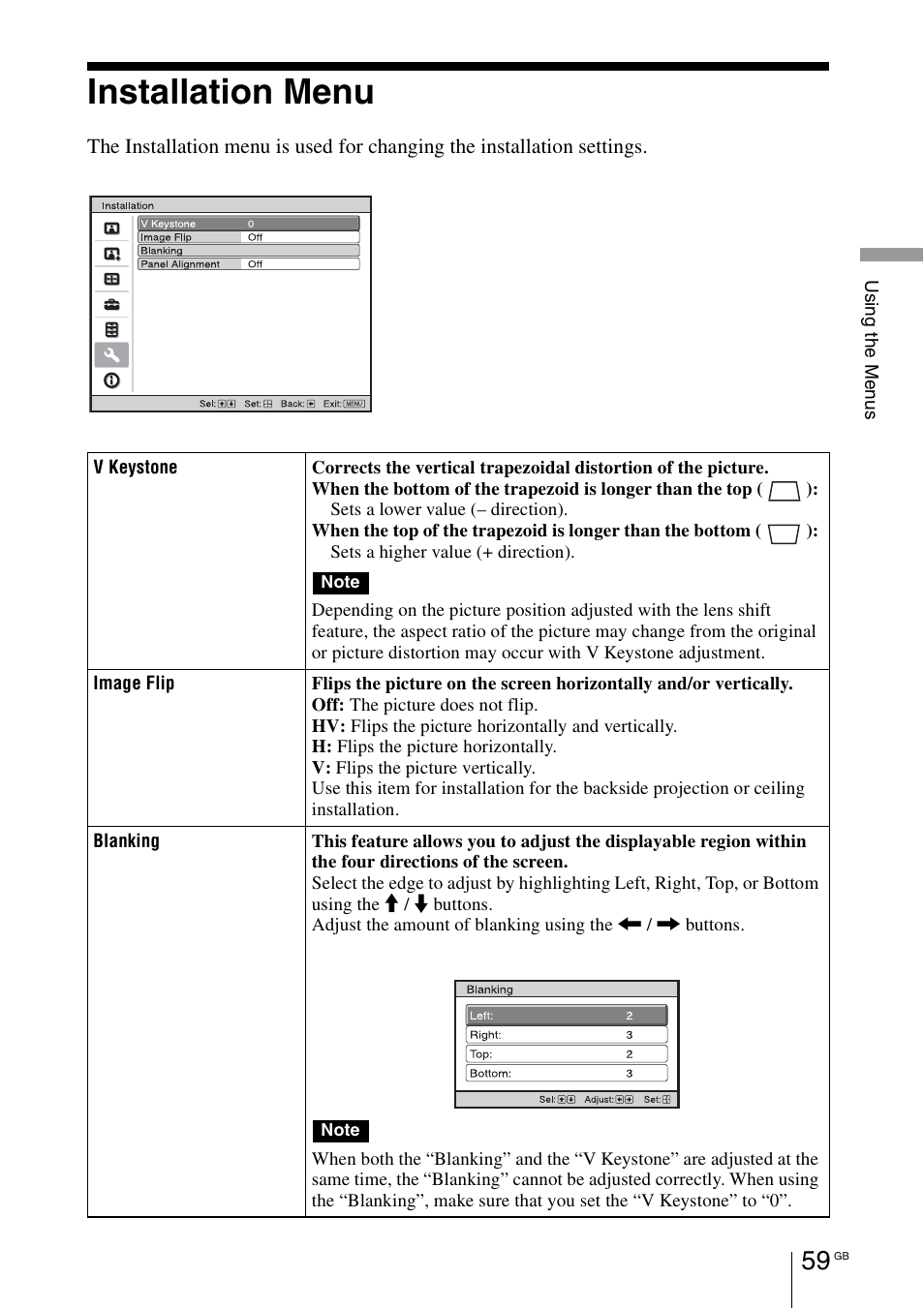 Installation menu | Sony VPL-HW55ES User Manual | Page 59 / 459