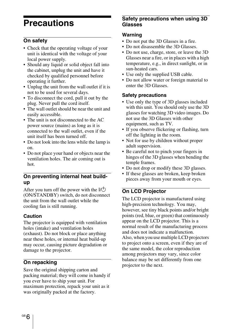 Precautions | Sony VPL-HW55ES User Manual | Page 6 / 459
