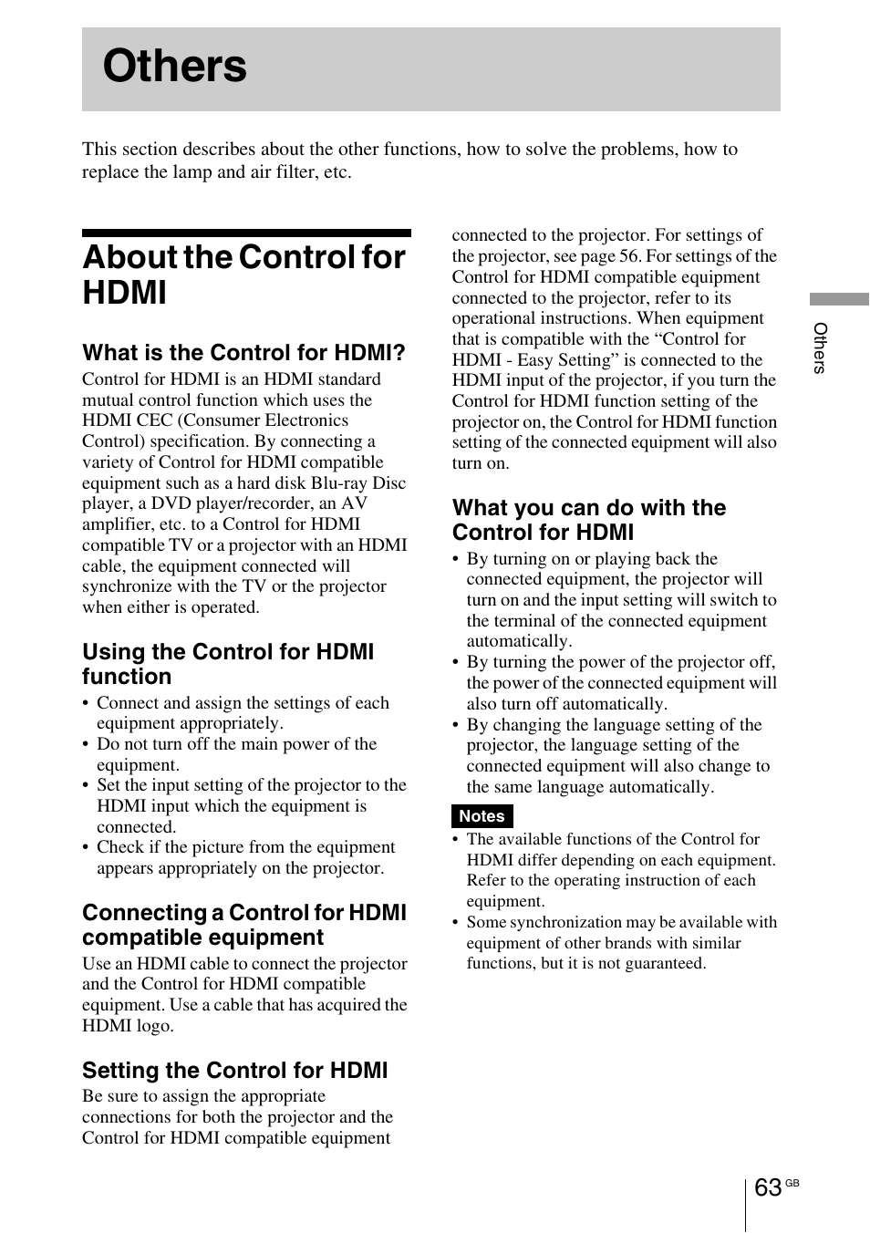 Others, About the control for hdmi, E “about the control for hdmi | Sony VPL-HW55ES User Manual | Page 63 / 459