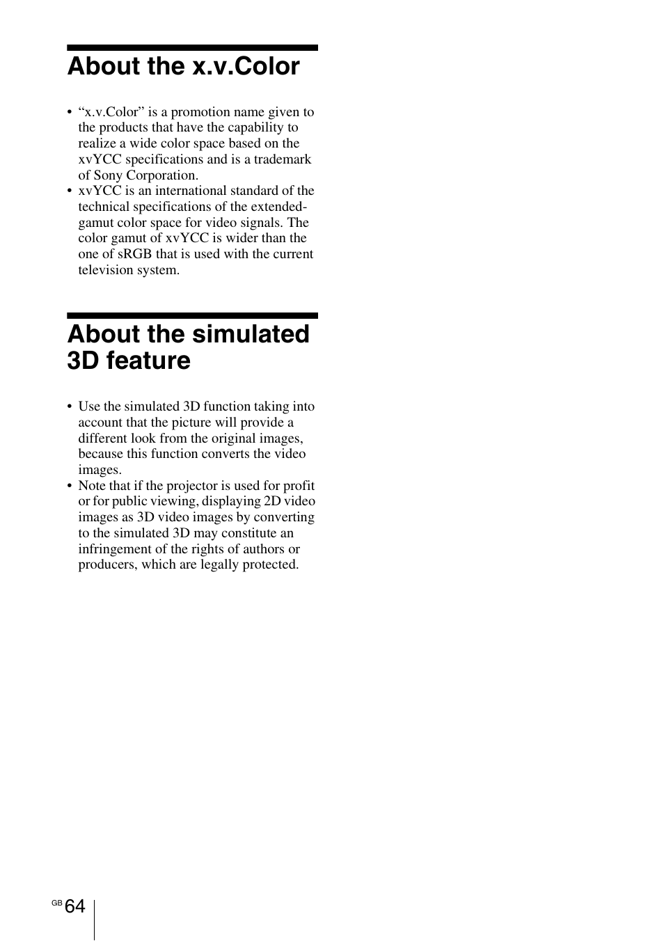 About the x.v.color, About the simulated 3d feature | Sony VPL-HW55ES User Manual | Page 64 / 459