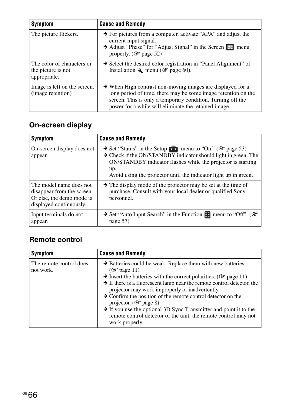 On-screen display remote control | Sony VPL-HW55ES User Manual | Page 66 / 459
