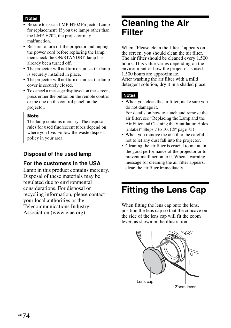 Cleaning the air filter, Fitting the lens cap | Sony VPL-HW55ES User Manual | Page 74 / 459