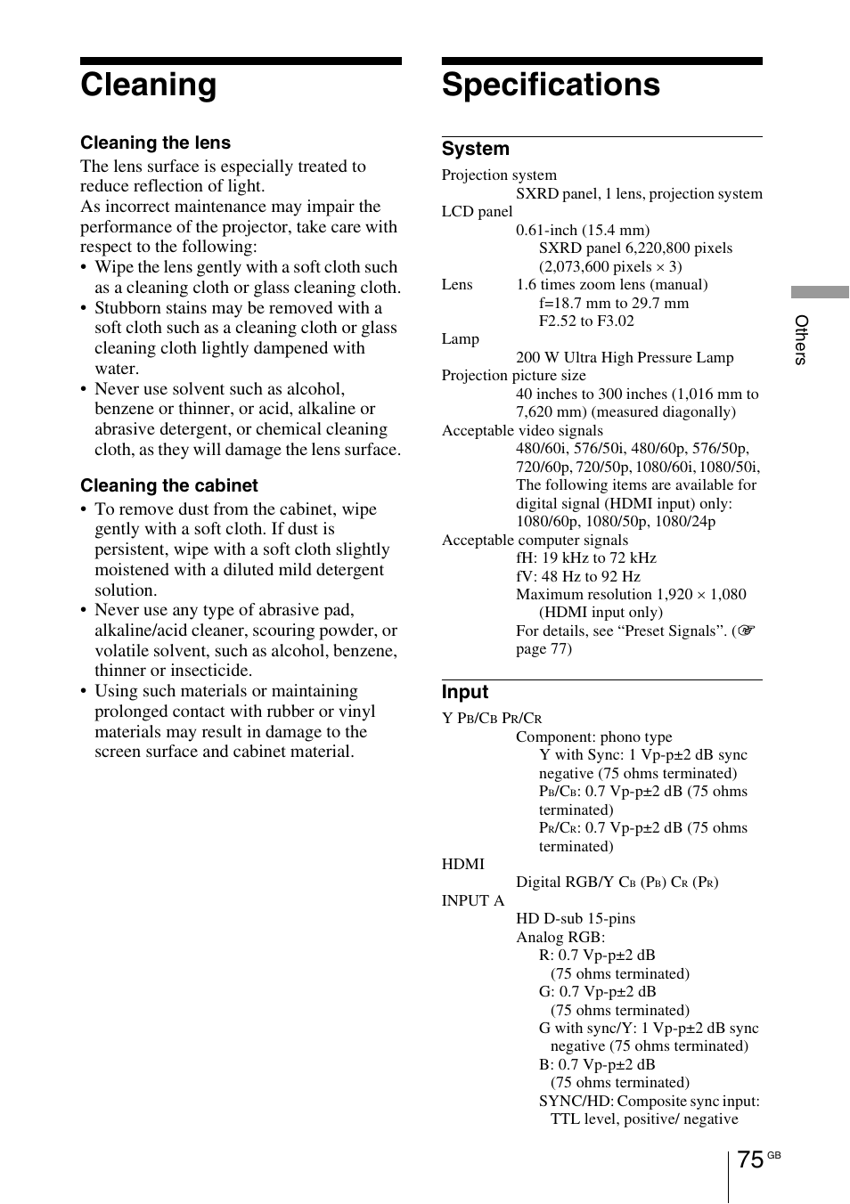 Cleaning, Specifications, System | Input | Sony VPL-HW55ES User Manual | Page 75 / 459