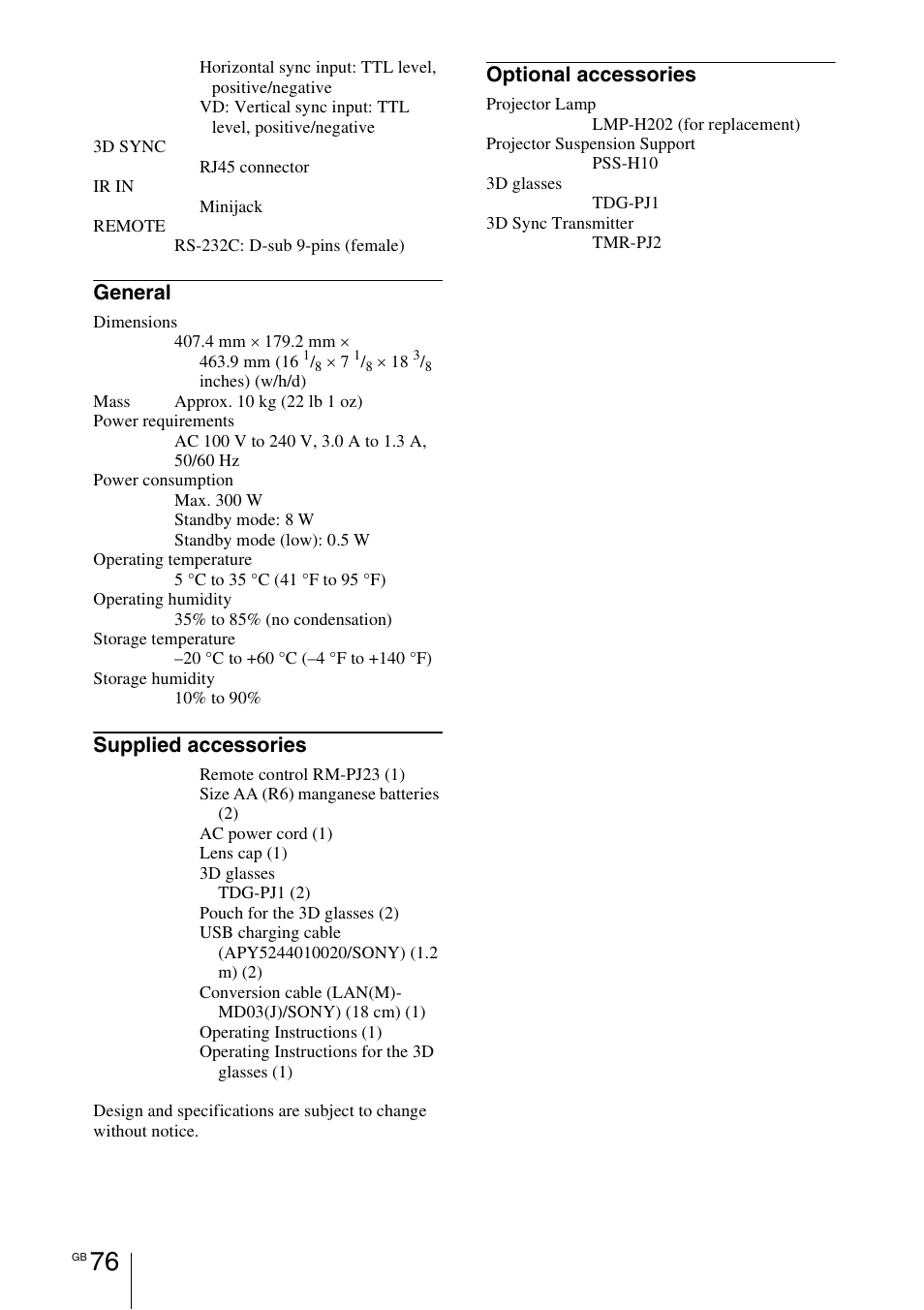 General, Supplied accessories, Optional accessories | Sony VPL-HW55ES User Manual | Page 76 / 459