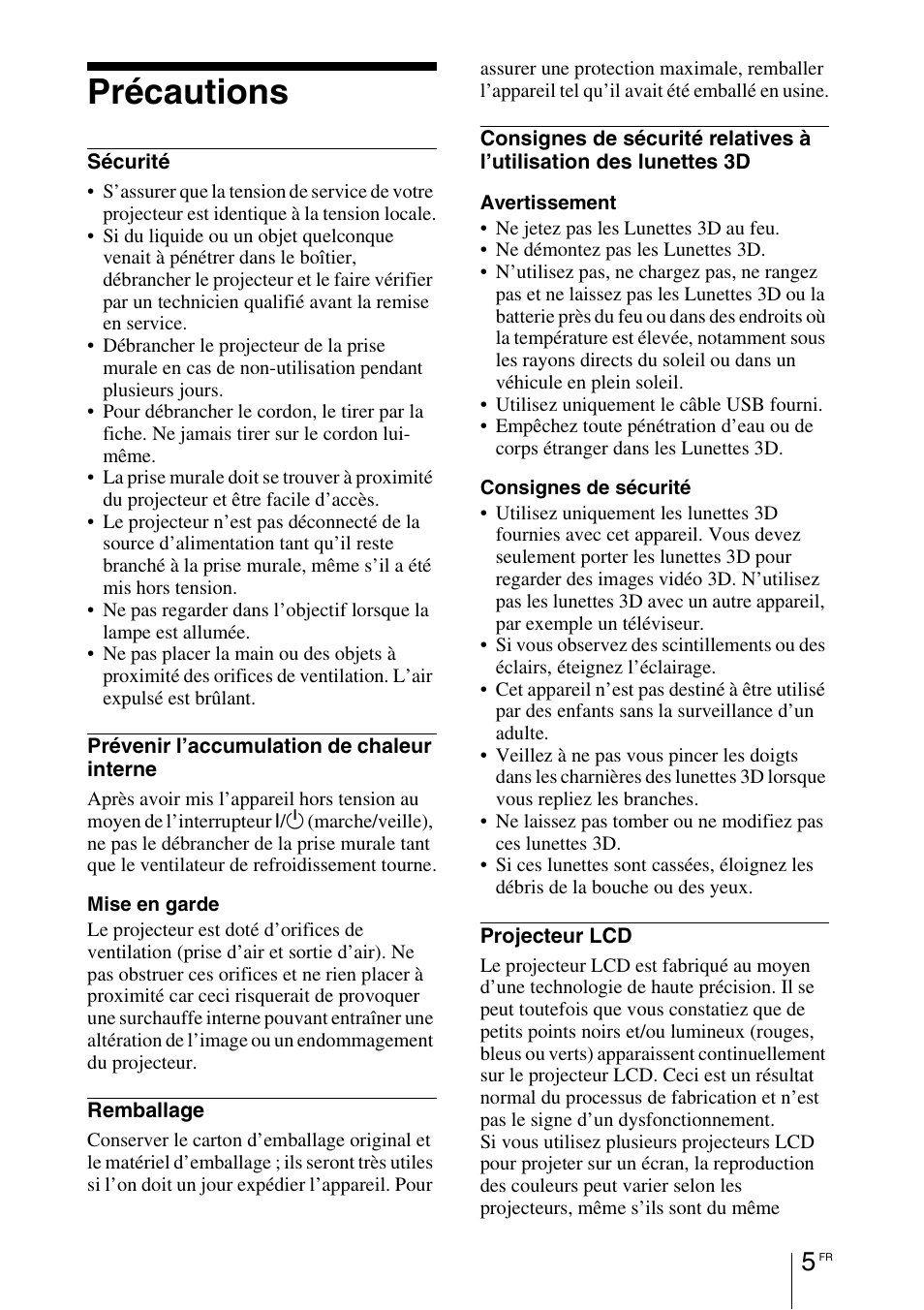 Précautions | Sony VPL-HW55ES User Manual | Page 95 / 459