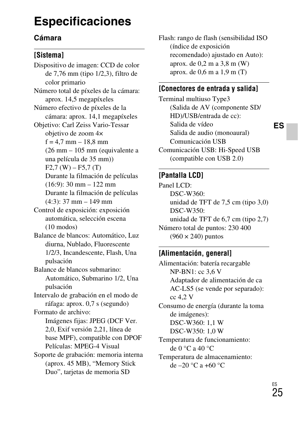 Especificaciones | Sony DSC-W360 User Manual | Page 109 / 516
