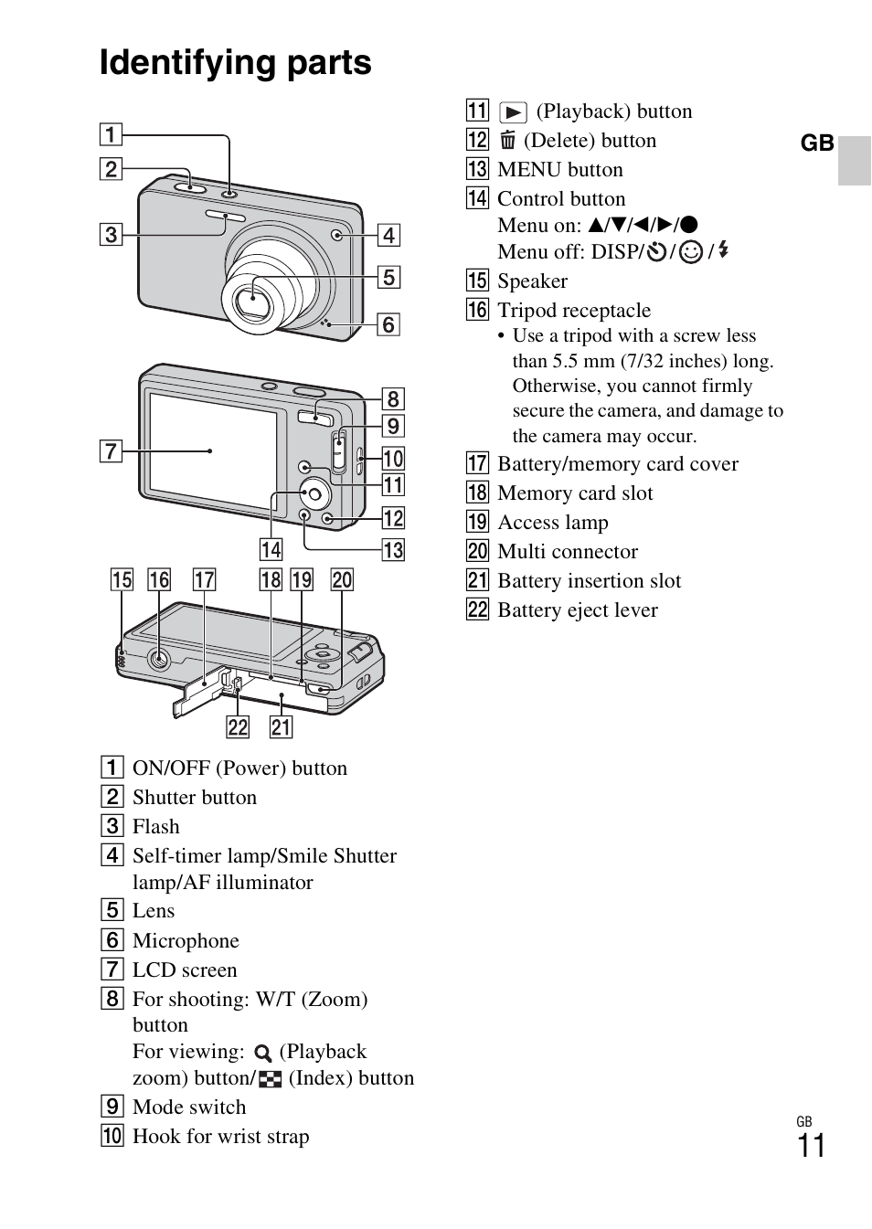 Identifying parts | Sony DSC-W360 User Manual | Page 11 / 516