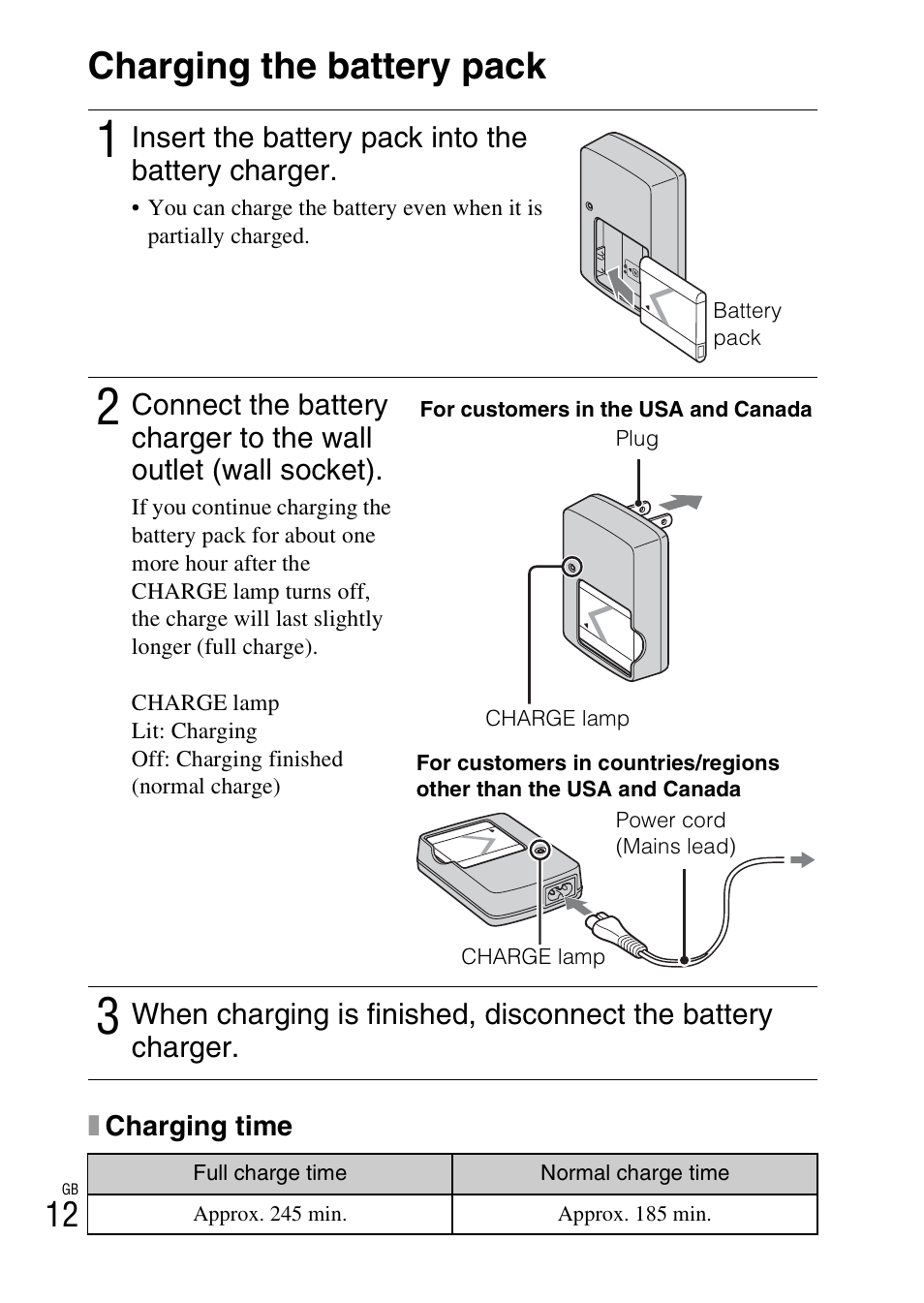 Charging the battery pack | Sony DSC-W360 User Manual | Page 12 / 516