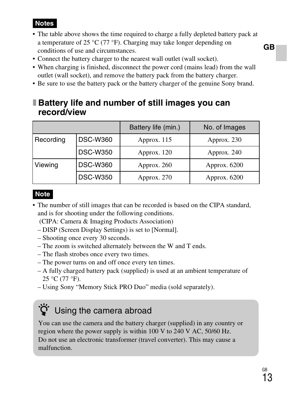 Using the camera abroad | Sony DSC-W360 User Manual | Page 13 / 516