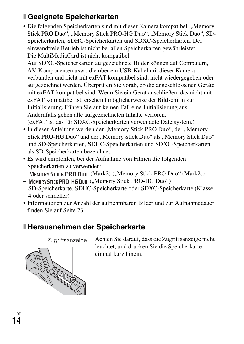 Xgeeignete speicherkarten, Xherausnehmen der speicherkarte | Sony DSC-W360 User Manual | Page 150 / 516