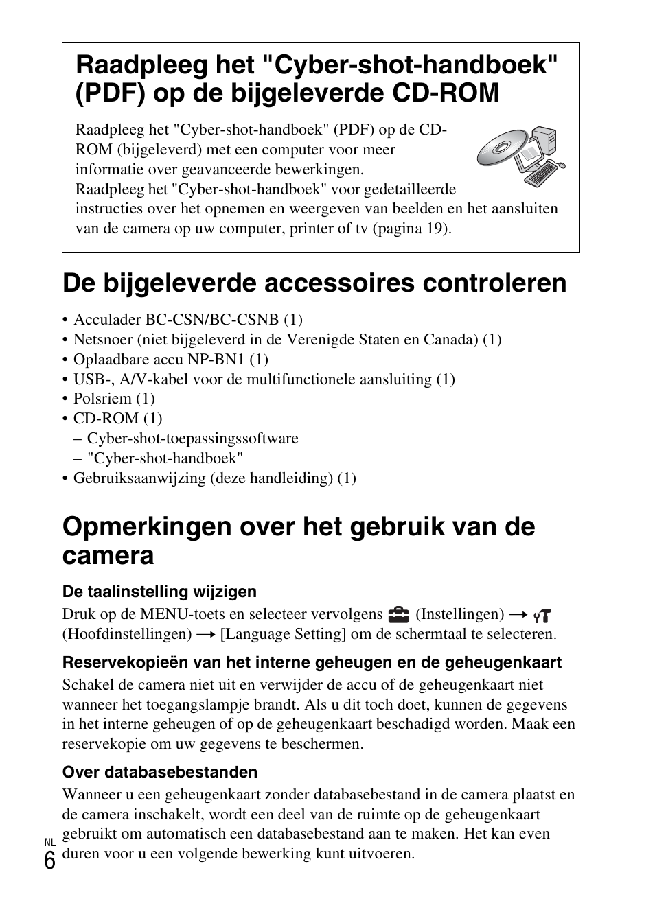 De bijgeleverde accessoires controleren, Opmerkingen over het gebruik van de camera | Sony DSC-W360 User Manual | Page 170 / 516
