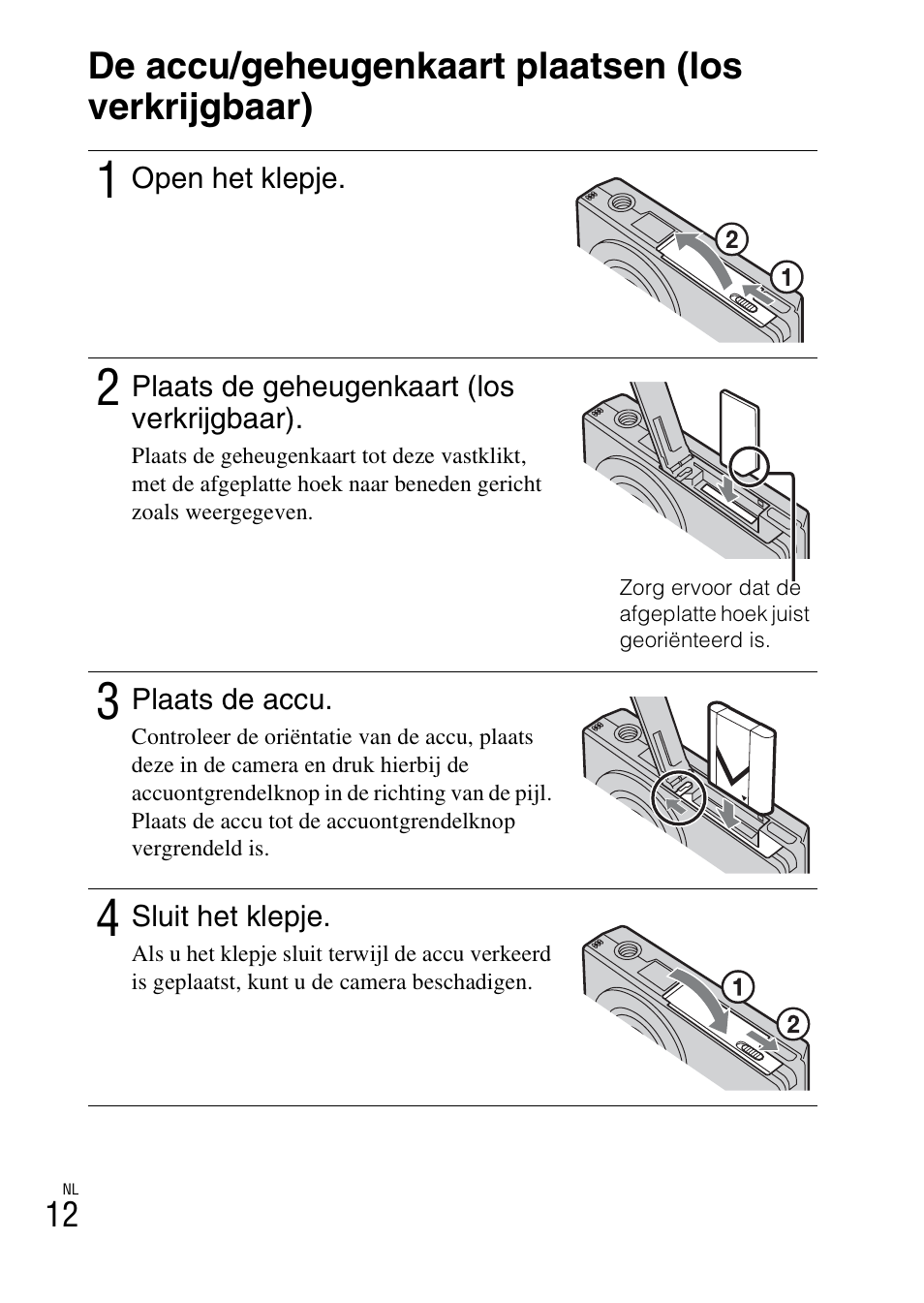 De accu/geheugenkaart plaatsen (los verkrijgbaar) | Sony DSC-W360 User Manual | Page 176 / 516