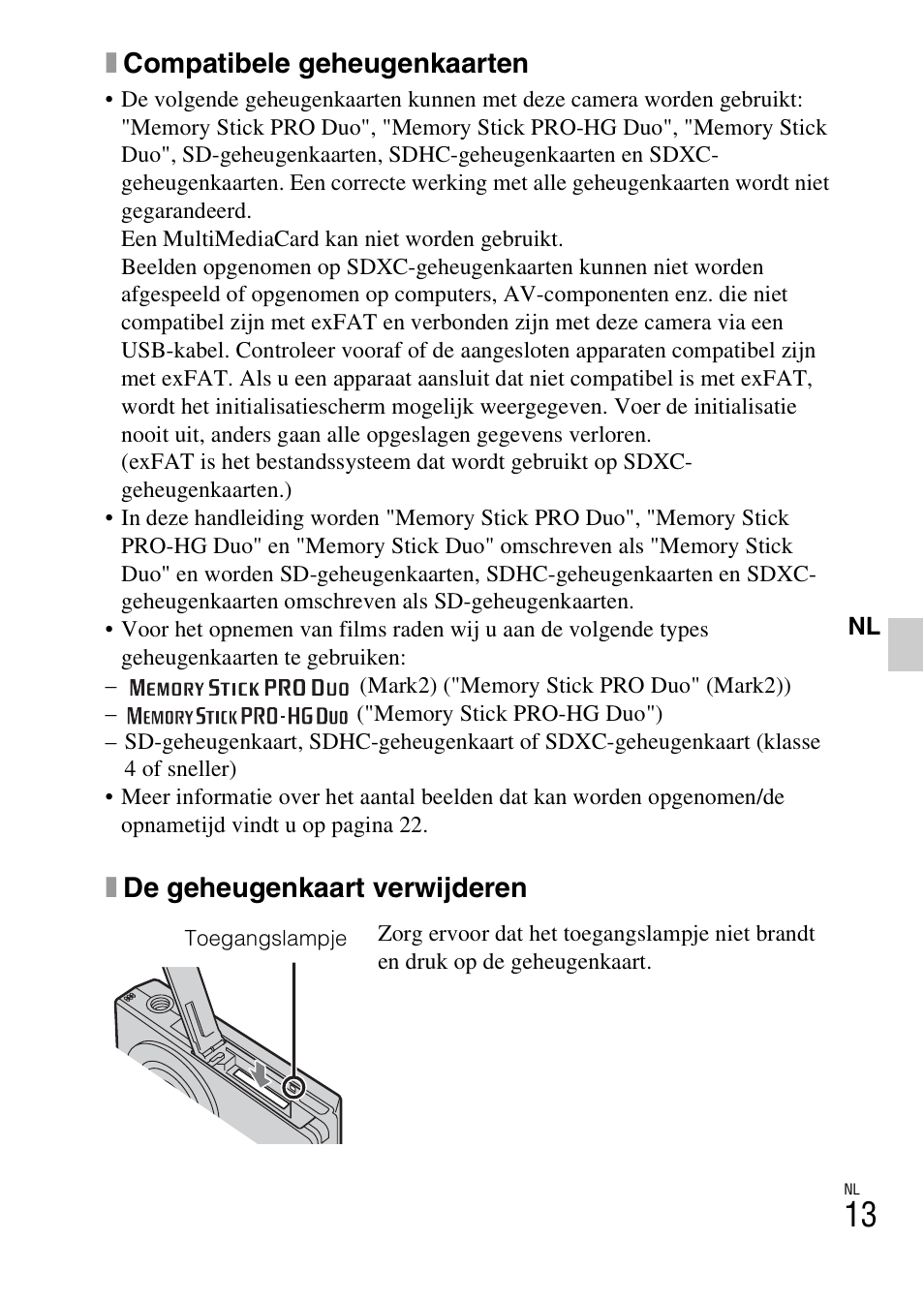 Xcompatibele geheugenkaarten, Xde geheugenkaart verwijderen | Sony DSC-W360 User Manual | Page 177 / 516