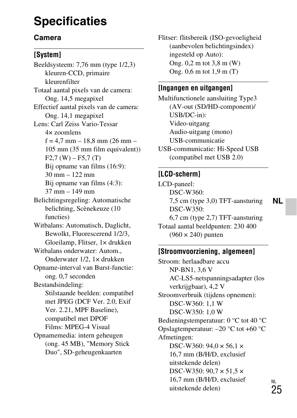 Specificaties | Sony DSC-W360 User Manual | Page 189 / 516