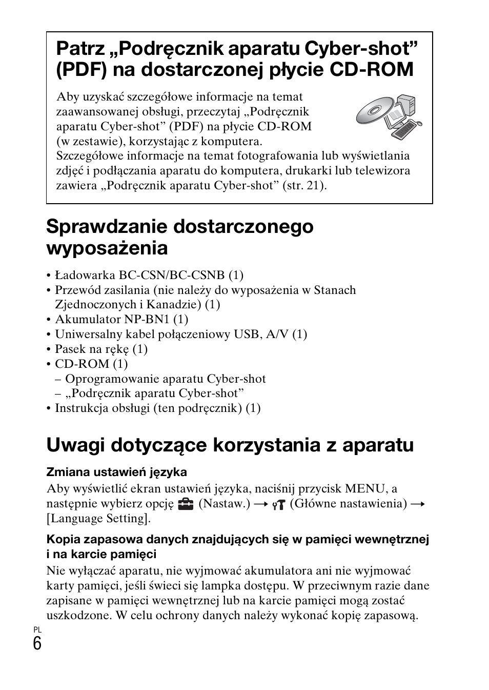 Sprawdzanie dostarczonego wyposażenia, Uwagi dotyczące korzystania z aparatu | Sony DSC-W360 User Manual | Page 196 / 516