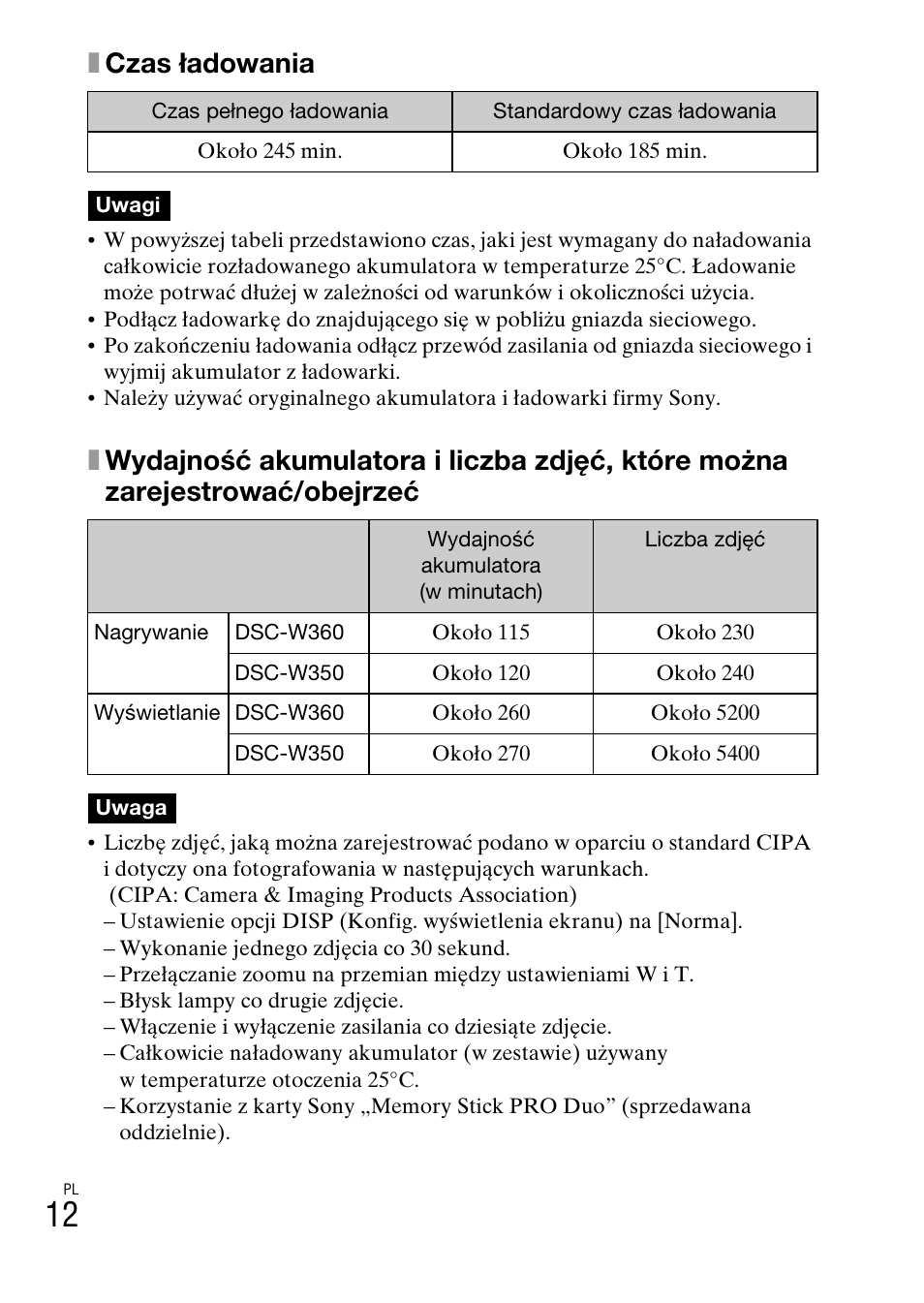 Xczas ładowania | Sony DSC-W360 User Manual | Page 202 / 516