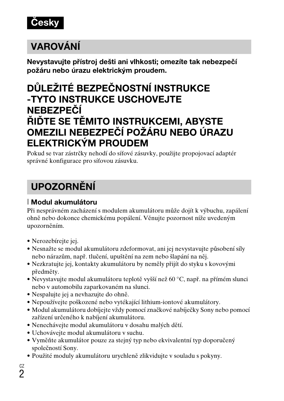 Česky, Česky varování upozornění | Sony DSC-W360 User Manual | Page 220 / 516