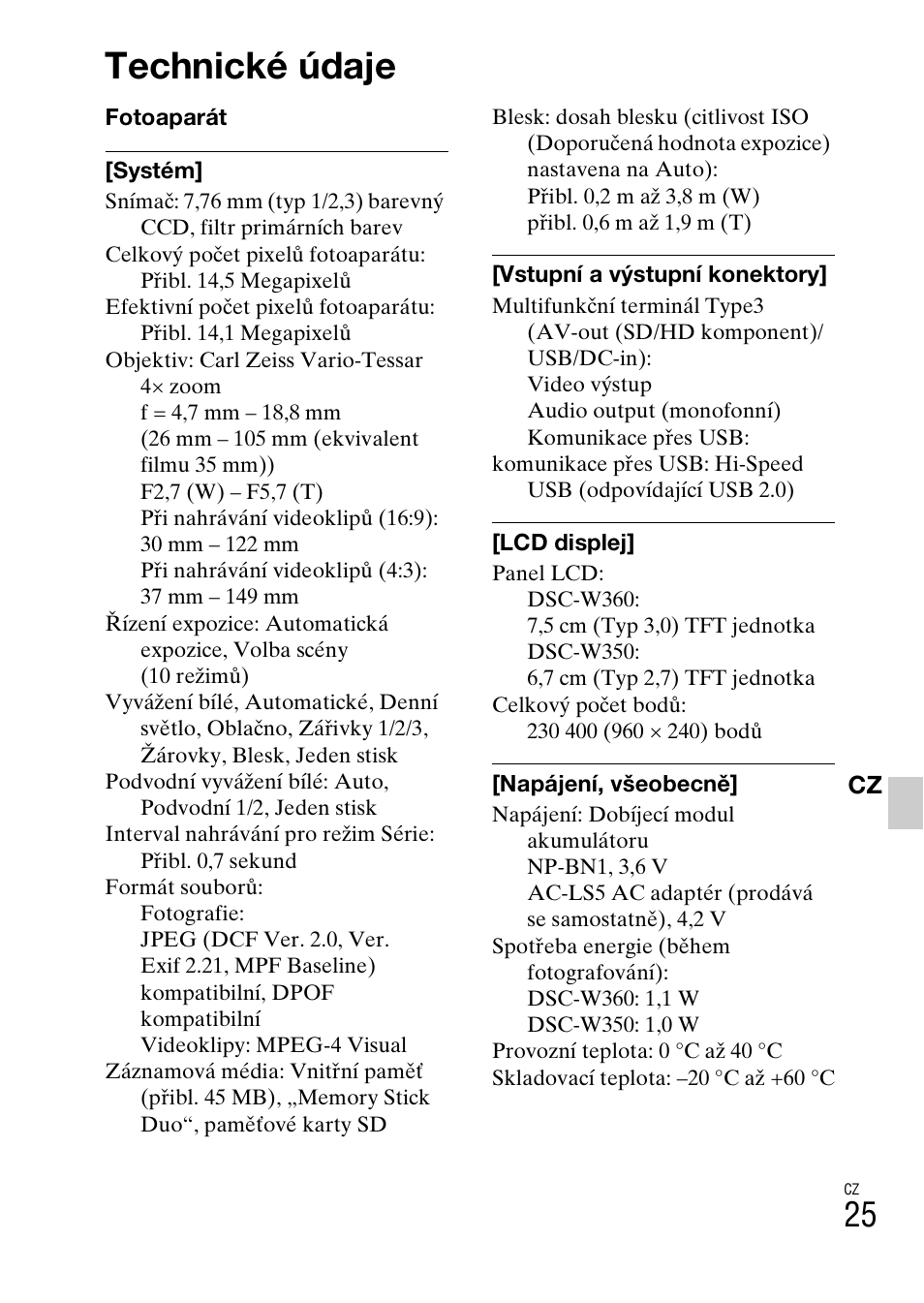 Technické údaje | Sony DSC-W360 User Manual | Page 243 / 516
