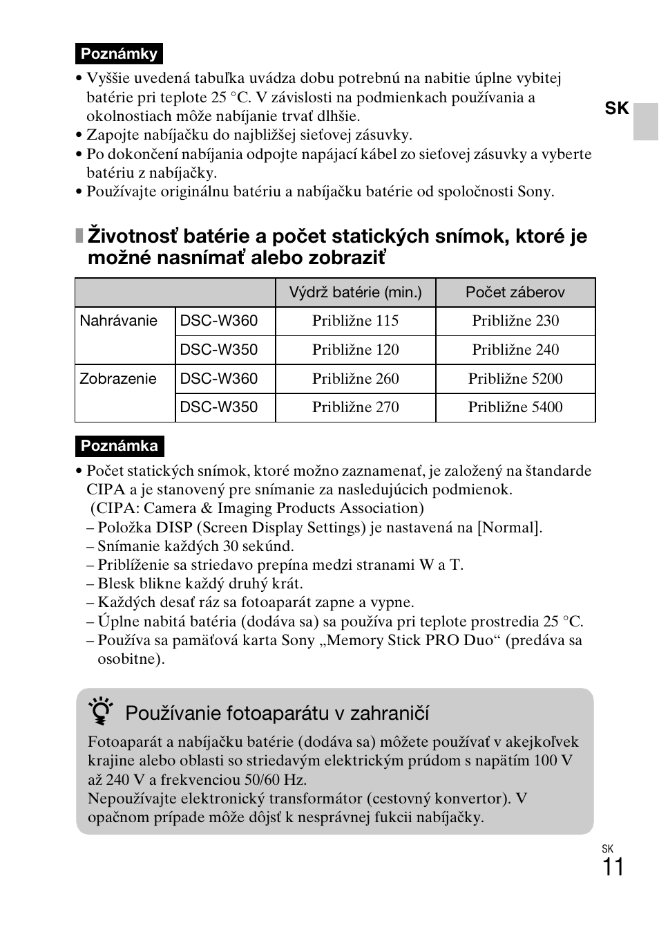 Používanie fotoaparátu v zahraničí | Sony DSC-W360 User Manual | Page 283 / 516