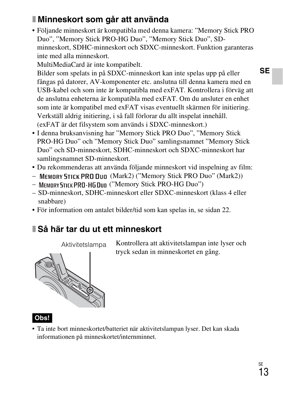 Xminneskort som går att använda, Xså här tar du ut ett minneskort | Sony DSC-W360 User Manual | Page 311 / 516