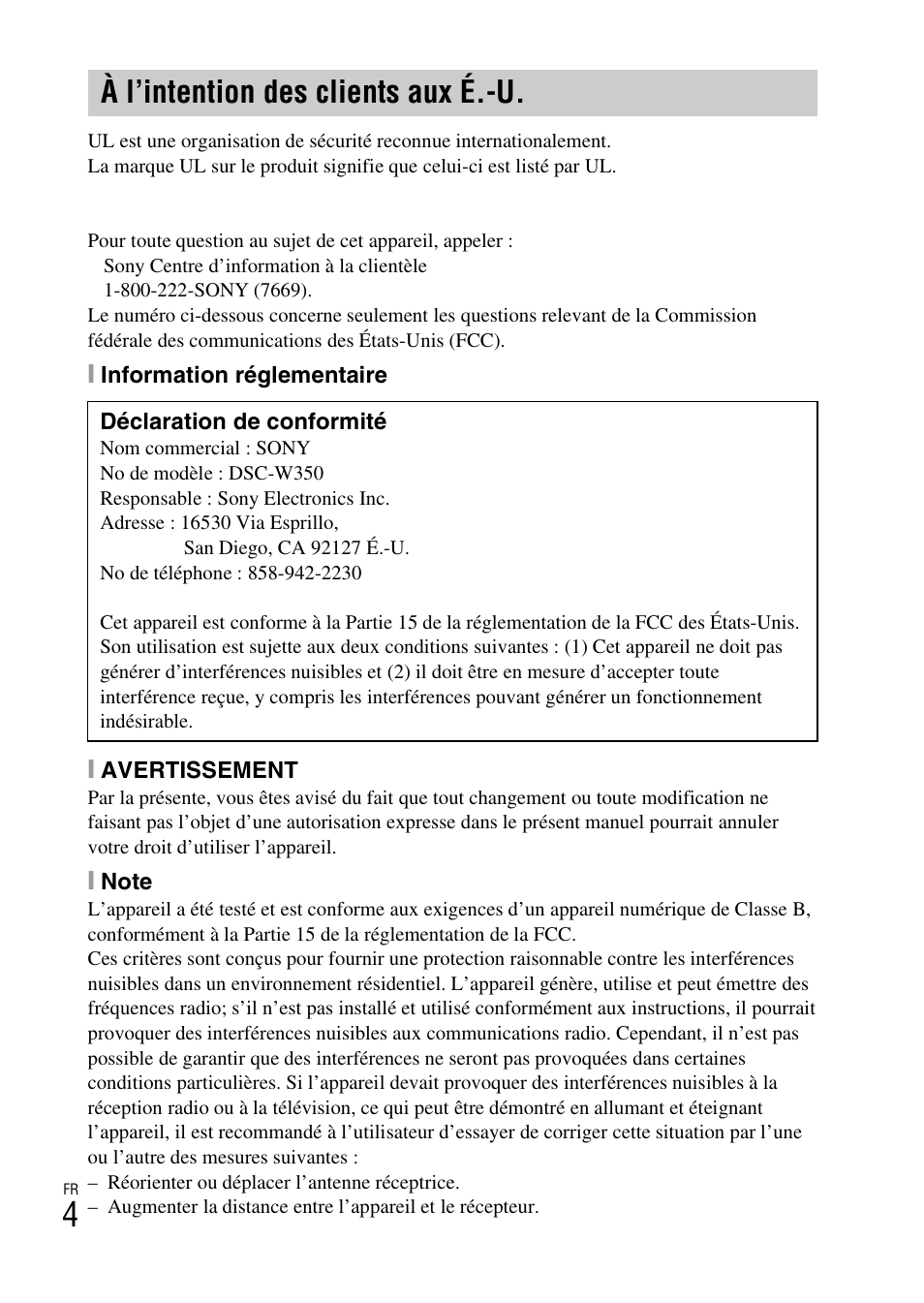 À l’intention des clients aux é.-u | Sony DSC-W360 User Manual | Page 32 / 516