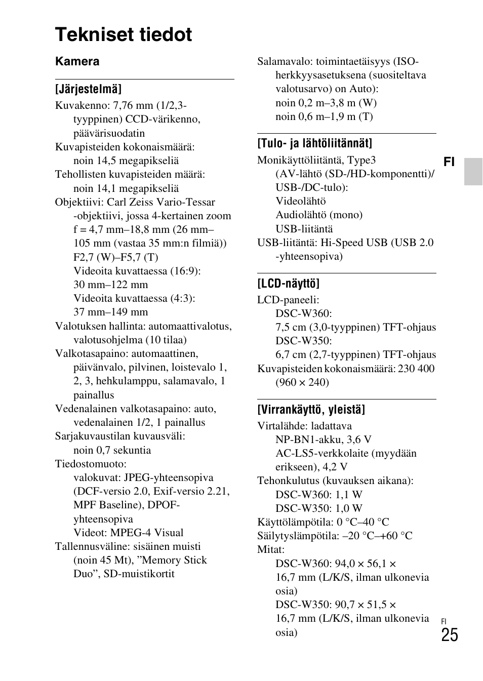 Tekniset tiedot | Sony DSC-W360 User Manual | Page 349 / 516