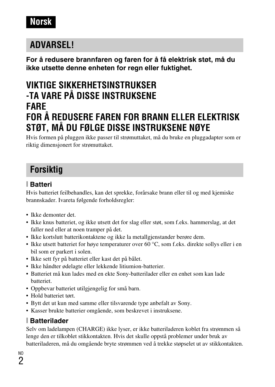 Norsk, Norsk advarsel! forsiktig | Sony DSC-W360 User Manual | Page 352 / 516