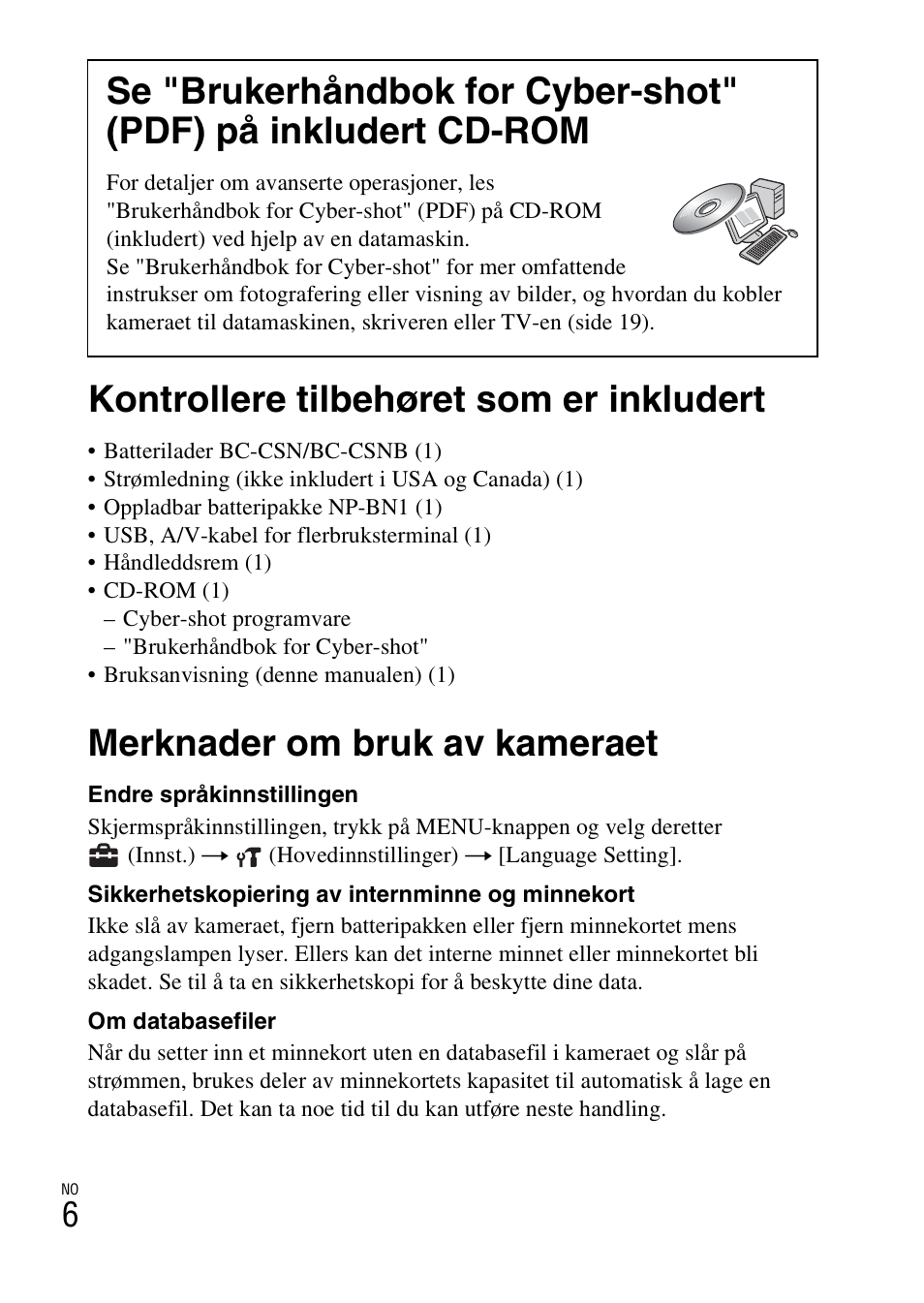 Kontrollere tilbehøret som er inkludert, Merknader om bruk av kameraet | Sony DSC-W360 User Manual | Page 356 / 516