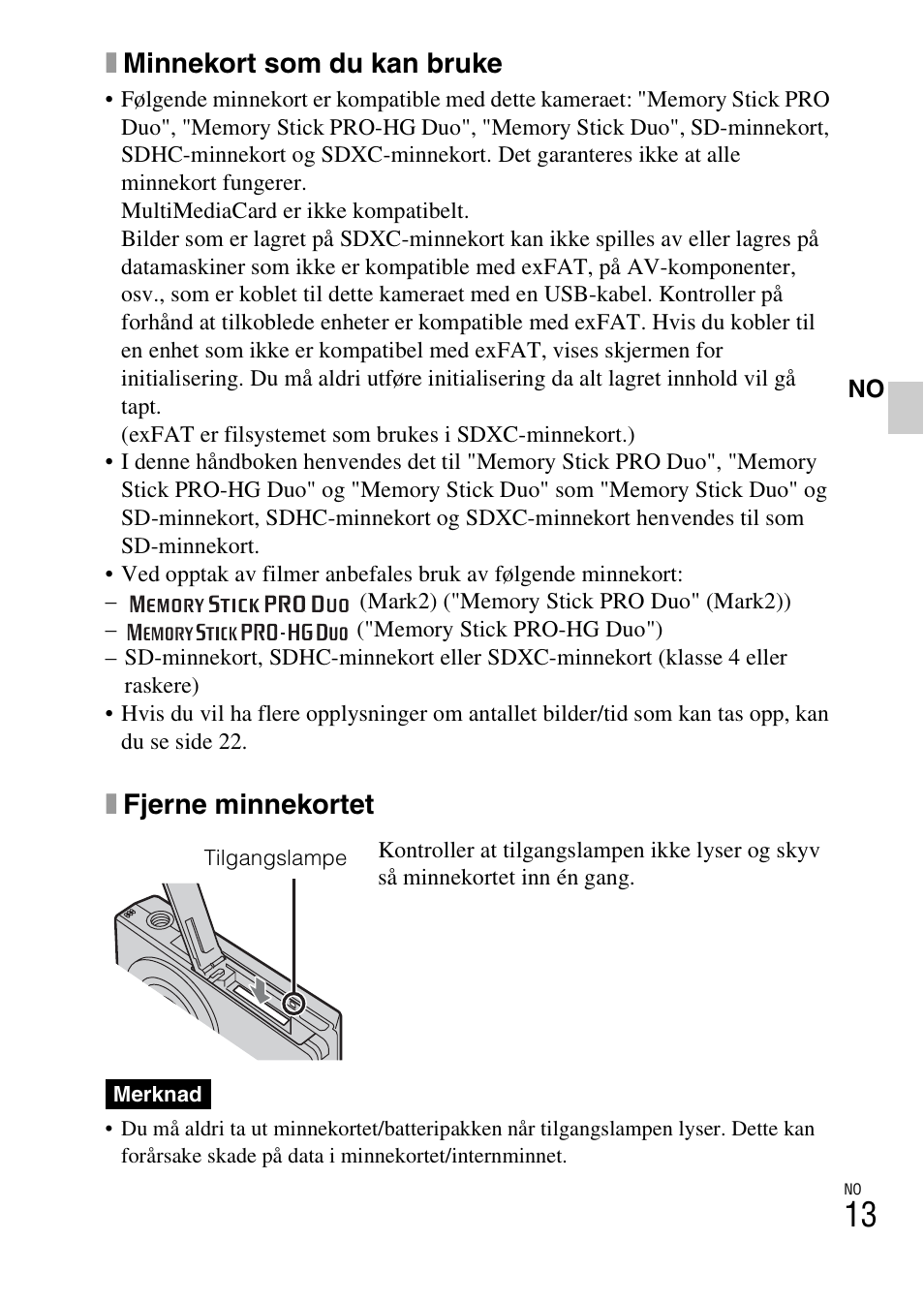 Xminnekort som du kan bruke, Xfjerne minnekortet | Sony DSC-W360 User Manual | Page 363 / 516