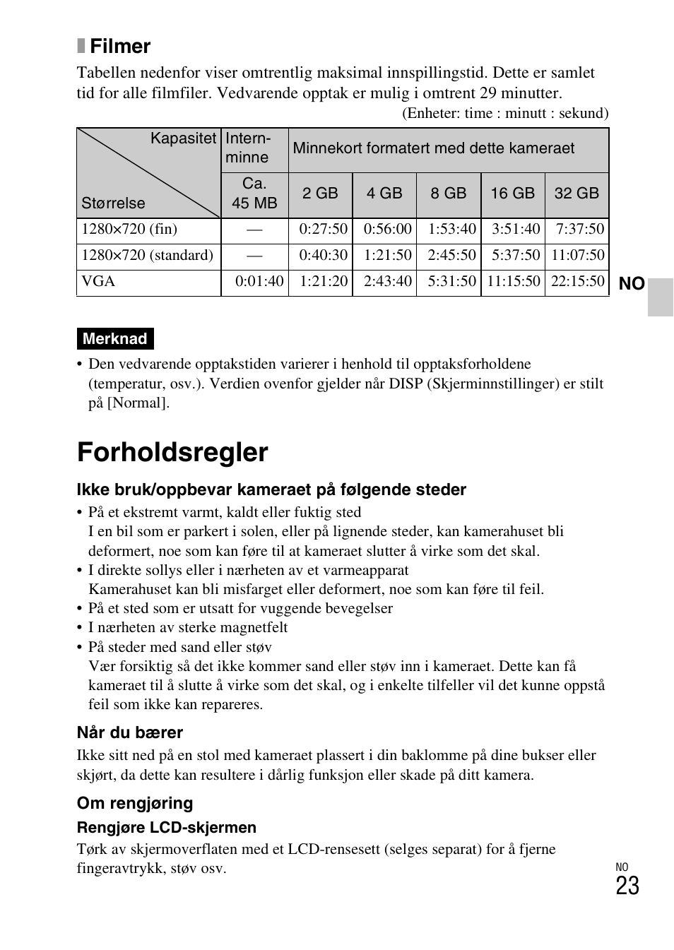 Forholdsregler, Xfilmer | Sony DSC-W360 User Manual | Page 373 / 516