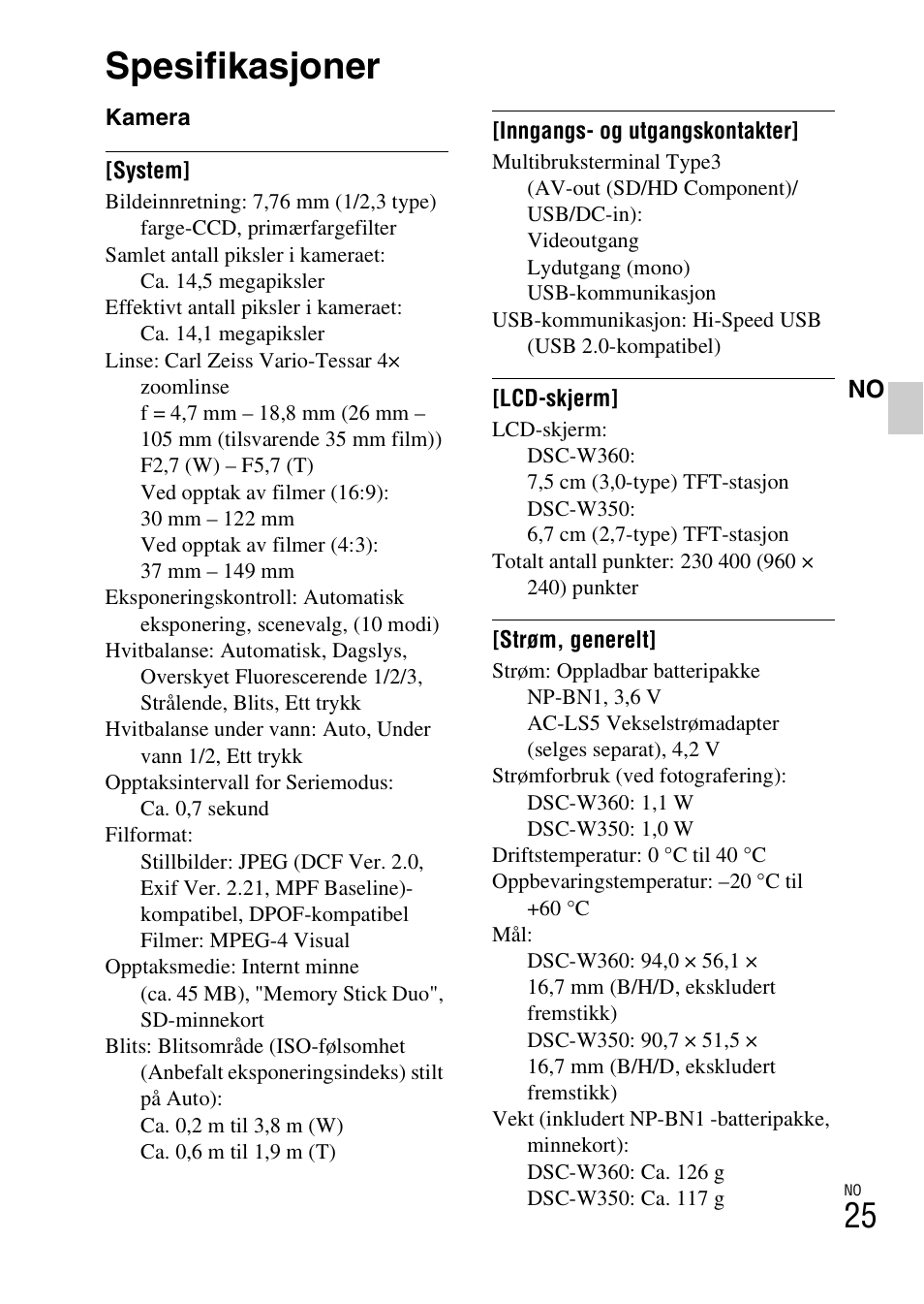 Spesifikasjoner | Sony DSC-W360 User Manual | Page 375 / 516