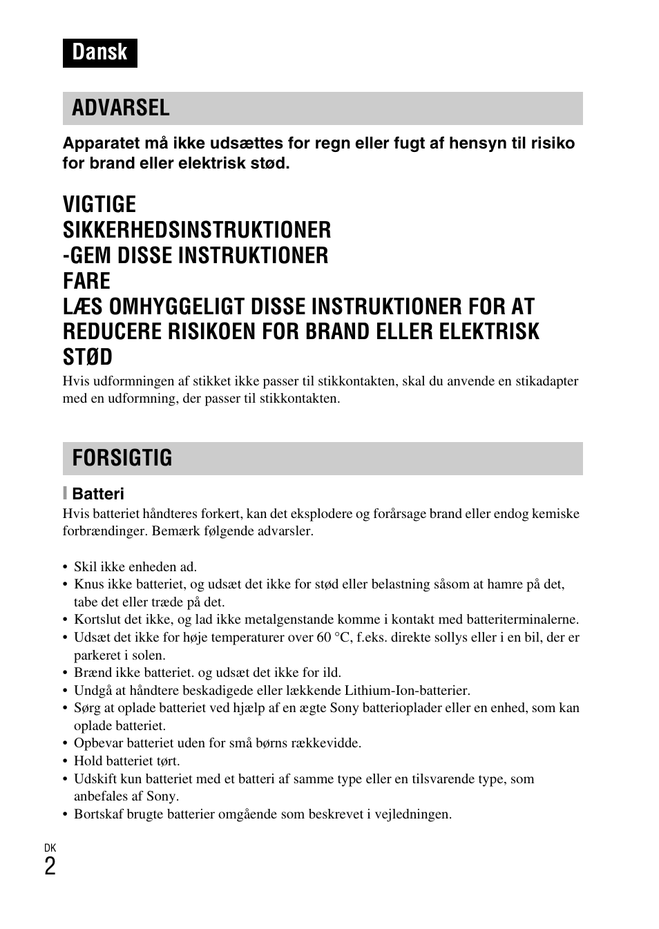 Dansk, Dansk advarsel forsigtig | Sony DSC-W360 User Manual | Page 378 / 516