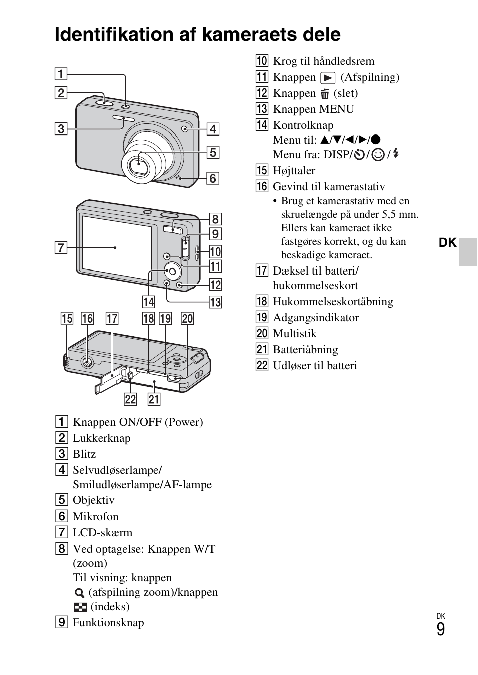 Identifikation af kameraets dele | Sony DSC-W360 User Manual | Page 385 / 516