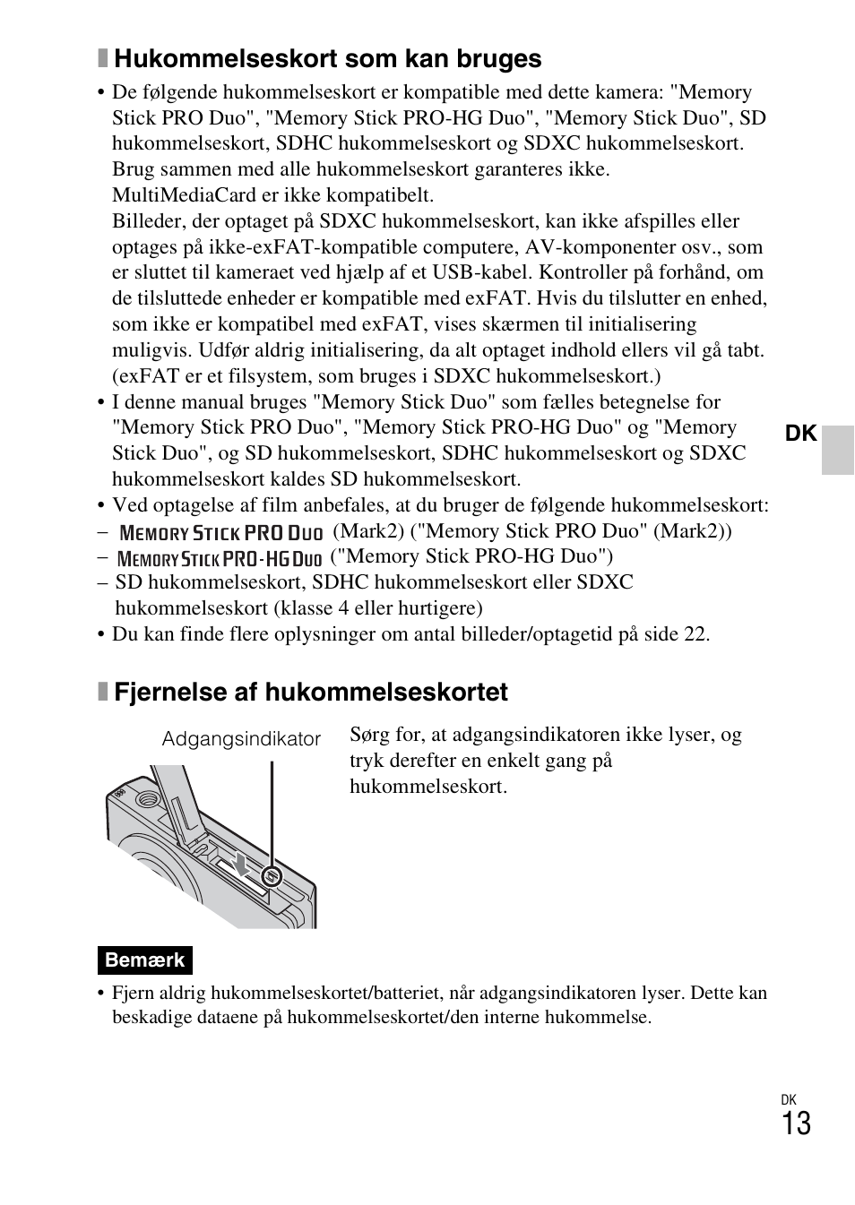Xhukommelseskort som kan bruges, Xfjernelse af hukommelseskortet | Sony DSC-W360 User Manual | Page 389 / 516