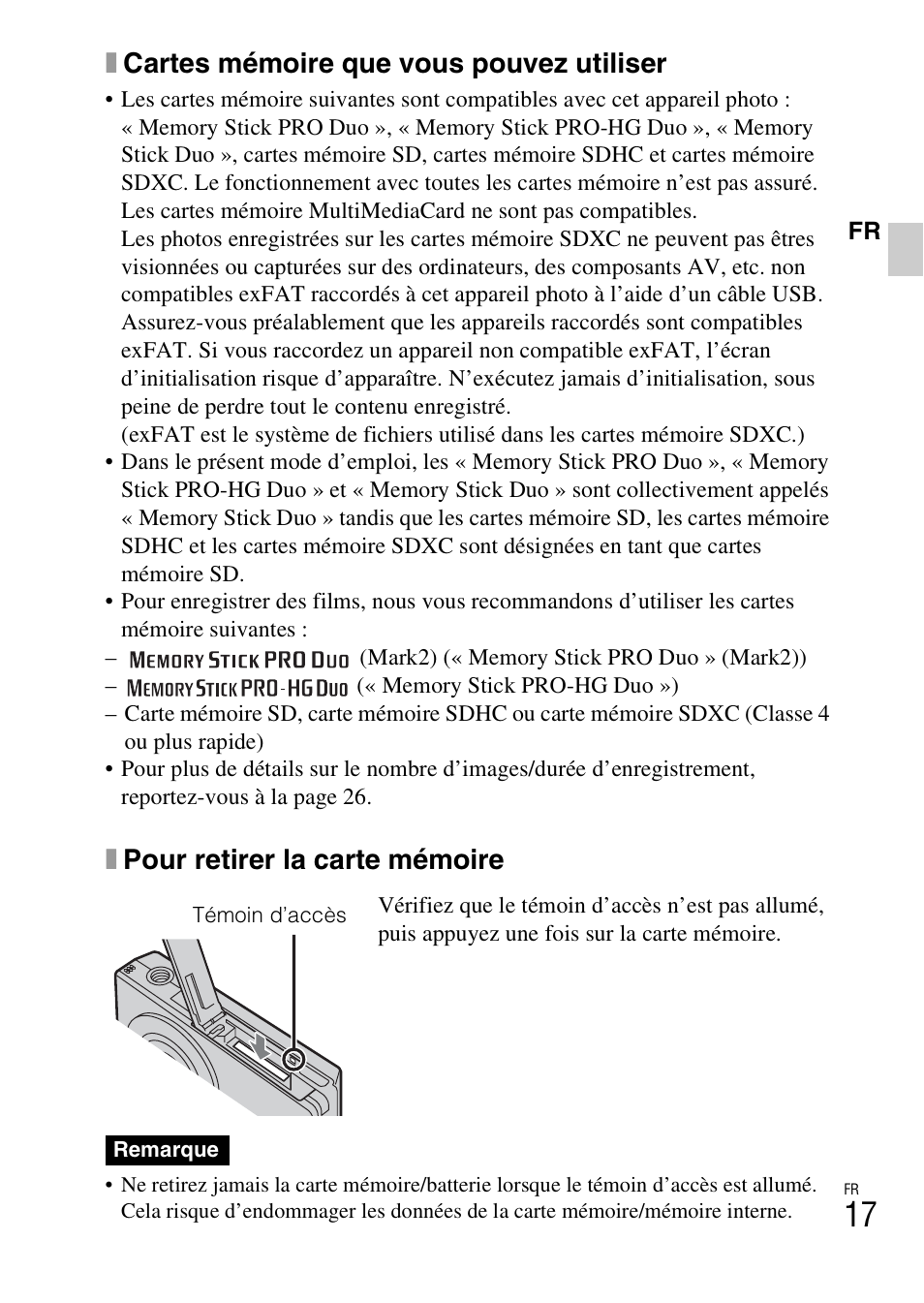 Xcartes mémoire que vous pouvez utiliser, Xpour retirer la carte mémoire | Sony DSC-W360 User Manual | Page 45 / 516