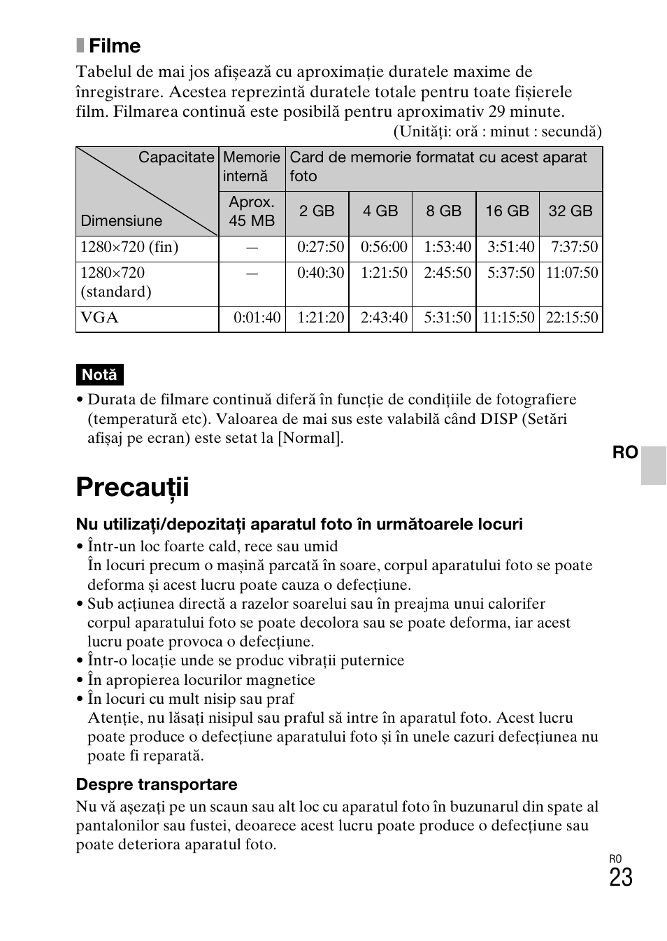 Precauţii, Xfilme | Sony DSC-W360 User Manual | Page 451 / 516