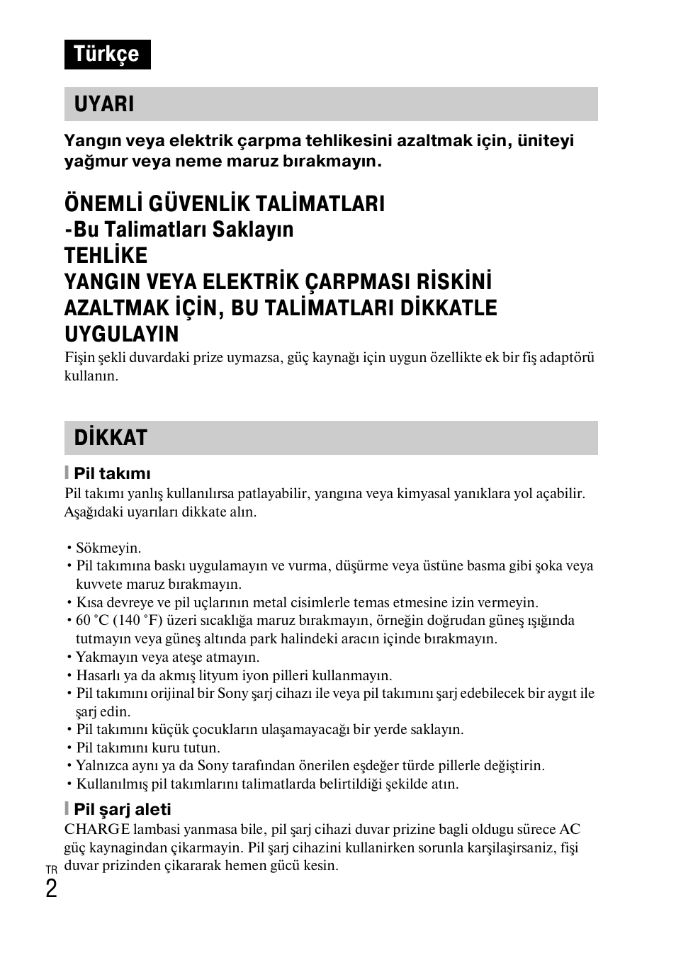 Türkçe, Türkçe uyari dikkat | Sony DSC-W360 User Manual | Page 456 / 516