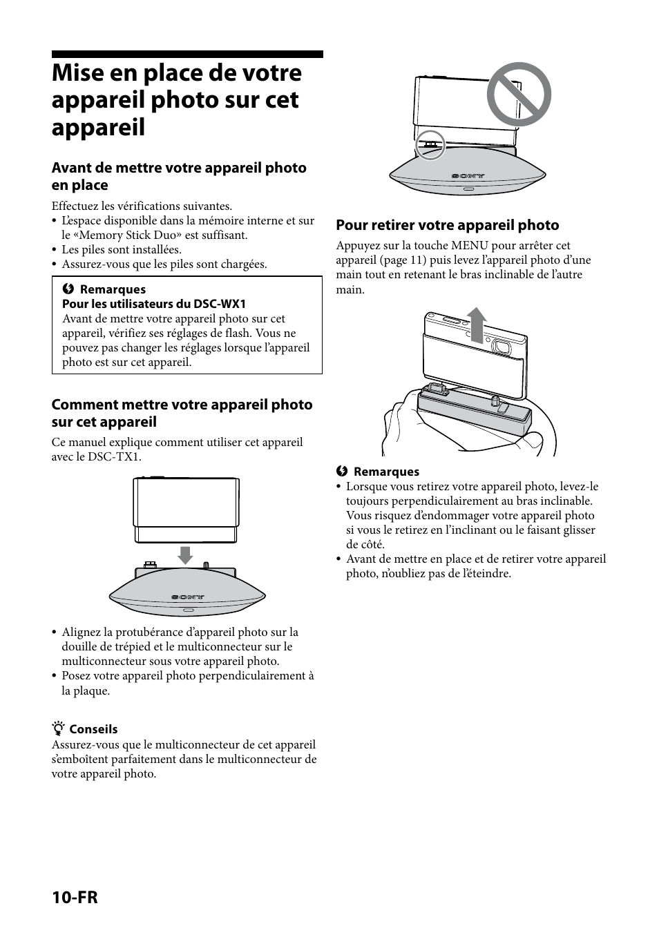 Avant de mettre votre appareil photo en place, Pour retirer votre appareil photo | Sony IPT-DS1 User Manual | Page 24 / 189