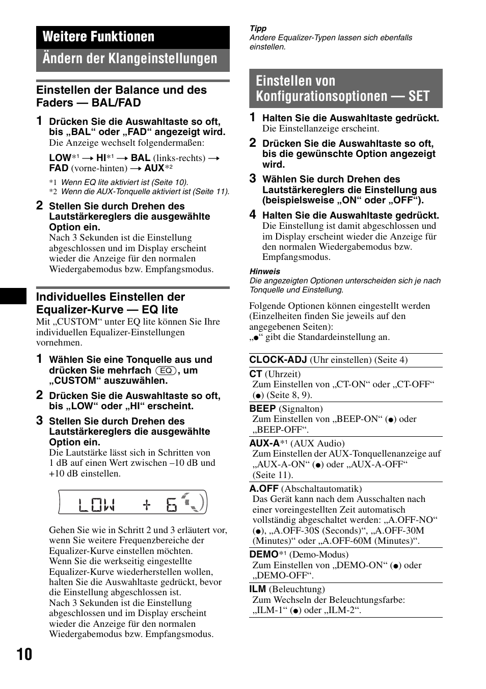 Weitere funktionen, Ändern der klangeinstellungen, Einstellen der balance und des faders - bal/fad | Einstellen von konfigurationsoptionen - set, F seite 10, Einstellen von konfigurationsoptionen — set, Weitere funktionen ändern der klangeinstellungen | Sony CDX-GT215C User Manual | Page 26 / 88